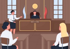 Attorney in legal court flat color vector illustration. Judgement procedure. Lawsuit hearing. Judge, witness and prosecutor 2D cartoon characters with courthouse interior on background